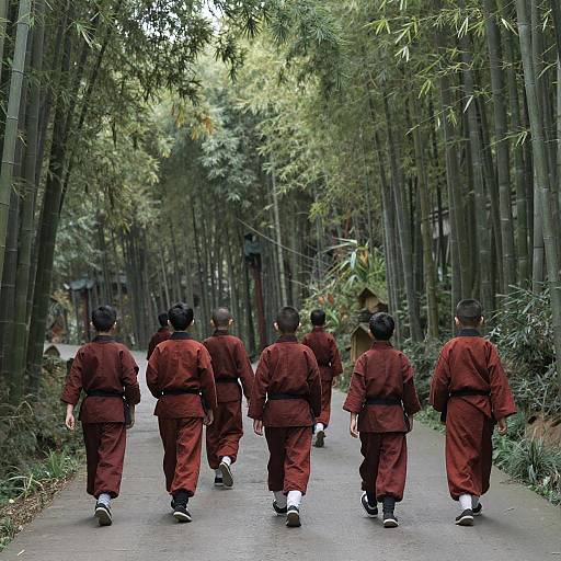 Boys Walking Through Bamboo Forest in Traditional Red Robes