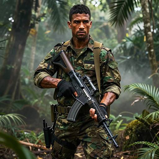 Rugged Soldier in Jungle Combat