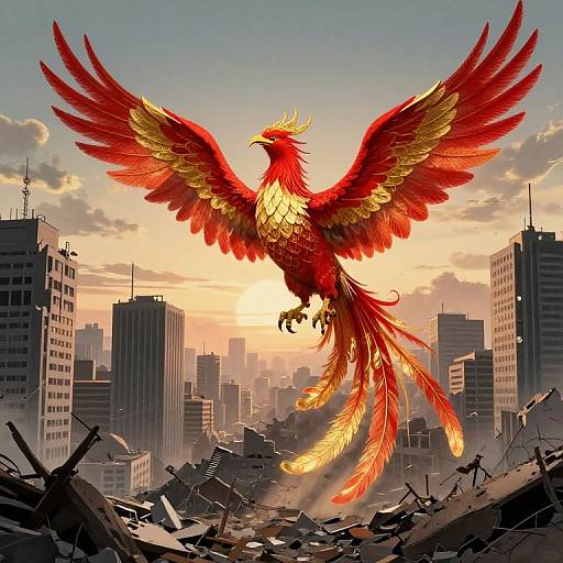 Digital artwork of a vibrant red and gold phoenix with outstretched wings soaring over a destroyed cityscape during sunset.