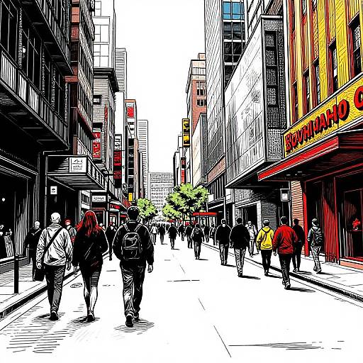 Stylized digital drawing of a busy urban street with diverse people walking, modern buildings, and vibrant storefronts, featuring bold colors and sharp lines.