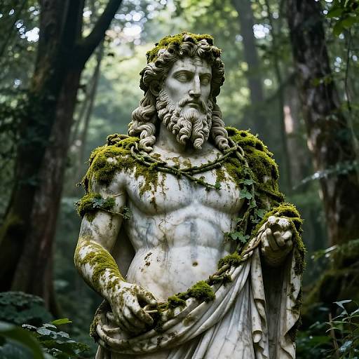 Photograph of a moss-covered classical statue of a bearded, muscular man with a draped cloth, standing in a dense, green forest.