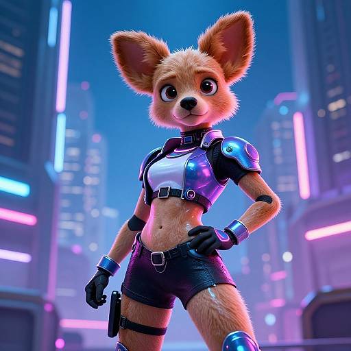 CGI image of a cute, anthropomorphic fox with large ears, wearing a futuristic, black and purple crop top, shorts, and gloves, standing