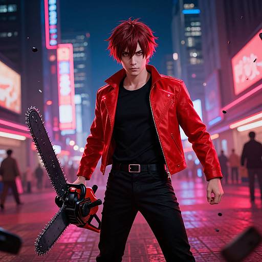 Digital anime-style artwork of a red-haired man in a red leather jacket, black shirt, and pants, holding a chainsaw in a neon-lit