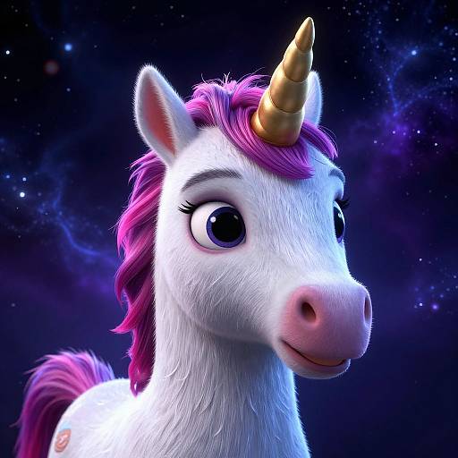 Digital CGI of a cute, white, cartoon unicorn with a pink mane and golden horn, large expressive eyes, against a starry night sky.