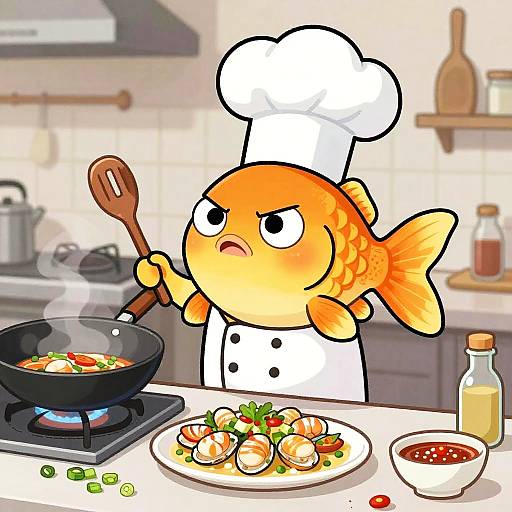 Chef Goldfish Cooking Seafood Dish