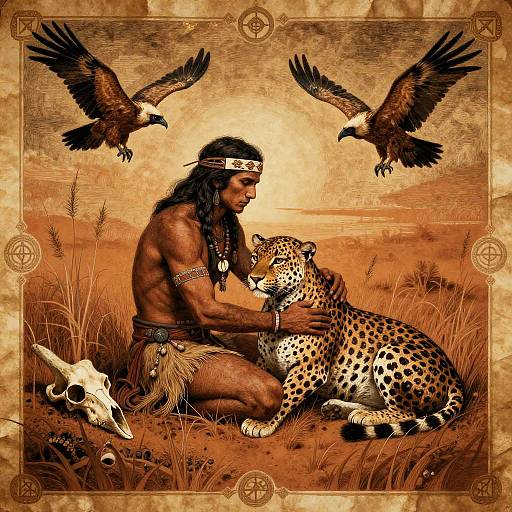 Prehistoric Tribal Hunter and Leopard