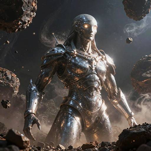 CGI image of a shiny, metallic humanoid warrior with glowing eyes, standing amidst rocky debris in a dark, smoky, otherworldly landscape.
