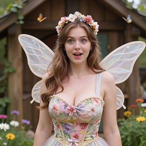 Photograph of a fair-skinned, brown-haired fairy woman with large wings, floral headband, and flower-embellished corset, standing