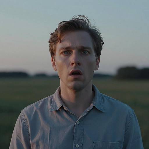 Young Man with Shocked Expression at Blue Hour