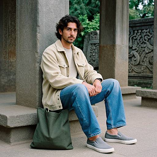 Contemplative Man Amid Ancient Pillars