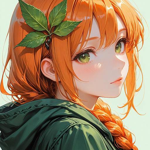 Portrait of Girl with Orange Hair and Leaf Hair Ornament