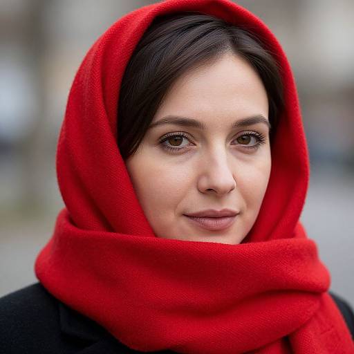 Photograph of a woman with dark brown eyes and fair skin, wearing a vibrant red headscarf and black coat, smiling subtly. Blurred urban