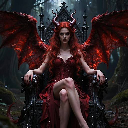 Digital art of a red-haired demon queen with glowing red wings, black horns, and a dark red dress, seated on an ornate throne in a
