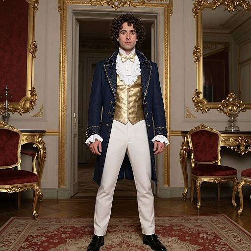 Photograph of a curly-haired man in 18th-century attire, standing in an opulent, gold-framed, red-and-gold room,