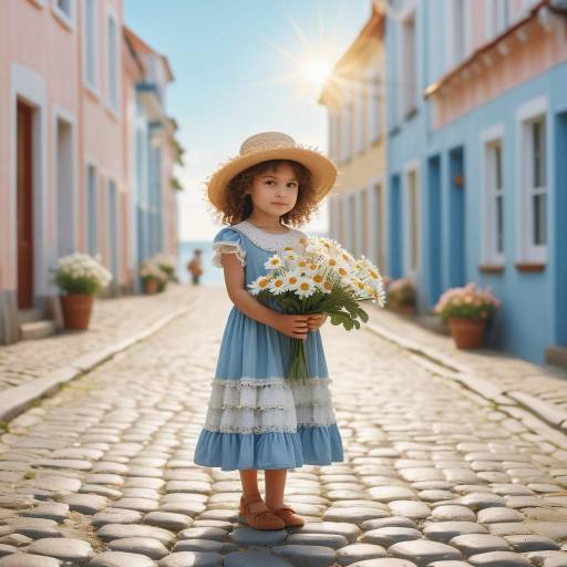 Little Girl Holding Flowers on Cobblestone Street