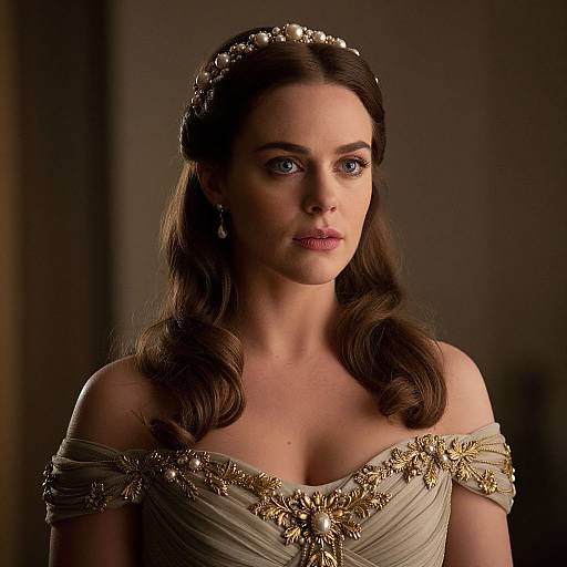 Photograph of a fair-skinned woman with blue eyes, brown wavy hair, wearing an off-shoulder, gold-embellished,