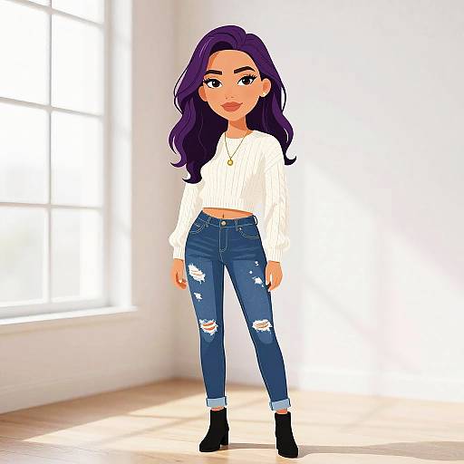 Digital cartoon of a stylish woman with long purple hair, wearing a white ribbed sweater, blue ripped jeans, and black ankle boots, standing in a