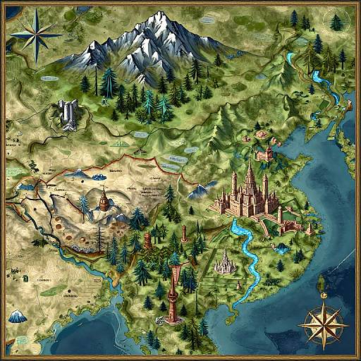 Detailed fantasy map illustration showing a mountainous landscape with a castle, forests, rivers, and a star compass in the corners.