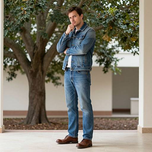 Photograph of a handsome, bearded man in blue denim jacket and jeans, brown shoes, standing thoughtfully with hand on chin, under a tree