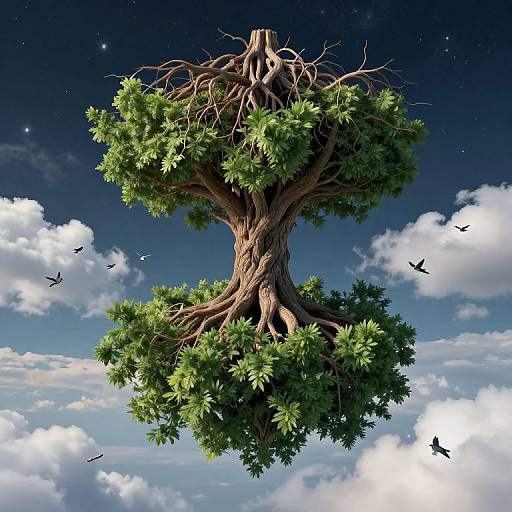 Digital artwork of a towering, leafy tree with intricate, exposed roots floating in a starry, cloud-filled sky, with birds flying around.
