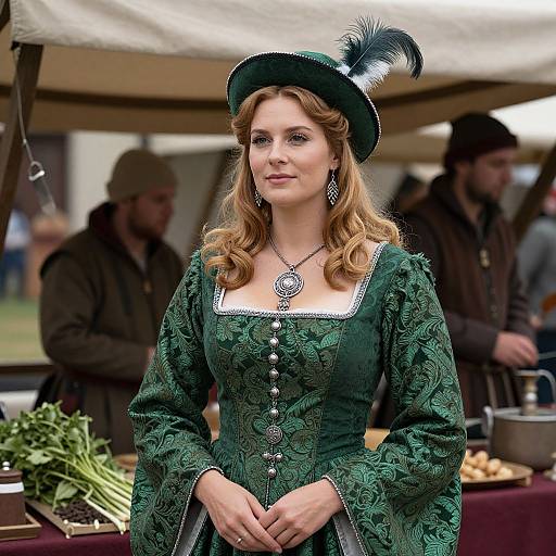 Photograph of a fair-skinned, red-haired woman in a green, ornate Renaissance dress with a black feathered hat, standing at a market
