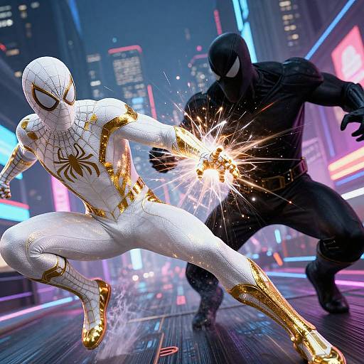 CGI image of Spider-Man in white and gold suit, mid-kick, sparks flying, facing a black-clad masked villain in a neon-l