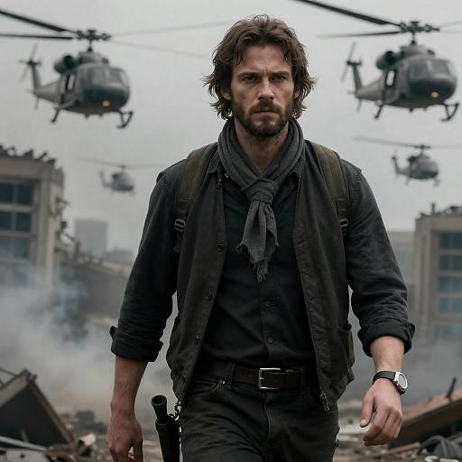 Rugged Man in a War-Torn City