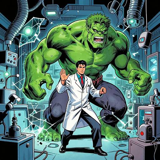 Comic-style illustration: Muscular green Hulk towering behind a white-coated scientist, both posing dramatically in a high-tech laboratory with glowing equipment and cables.