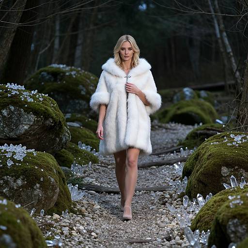 Blonde woman in white fur coat walks through dark, mossy forest path with white flowers and rocks, wearing black heels. Photograph.