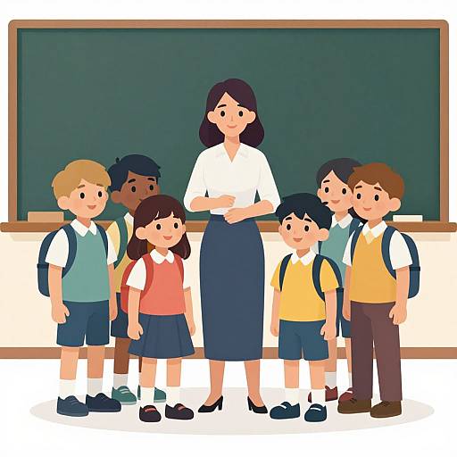 Digital illustration of a smiling, dark-haired female teacher with a white blouse and navy skirt, standing with six diverse, cheerful students in front of a large