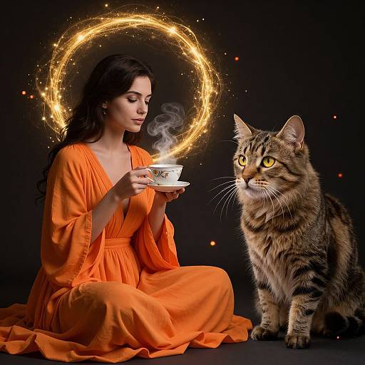 Photograph of a woman in an orange dress, sitting, holding a steaming cup, with a curious tabby cat, glowing circular light halo,