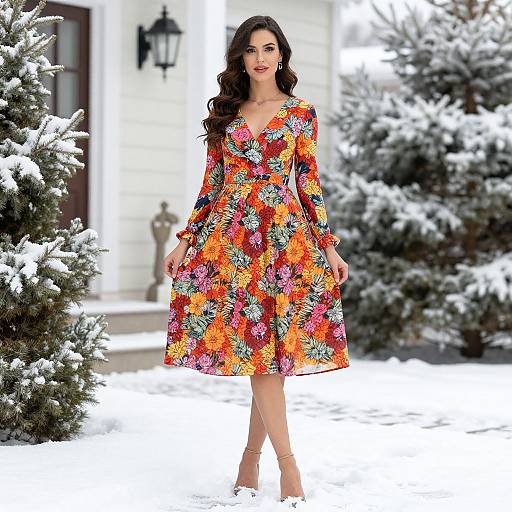 Photograph of a brunette woman with long hair wearing a vibrant, floral-patterned dress, standing in a snowy garden with snow-covered trees and a white