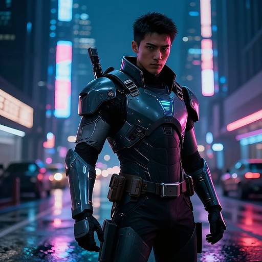 CGI image of a futuristic, armored man with short black hair standing in a neon-lit, rainy city street at night.
