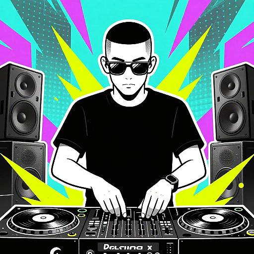 Bold Techno DJ Illustration with Neon Backdrop