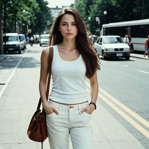 Woman in Casual White Outfit Walking on Street