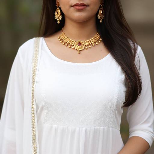 Photograph of a woman with long dark hair, wearing a white kurti, gold jewelry, including a detailed necklace and earrings, against a blurred