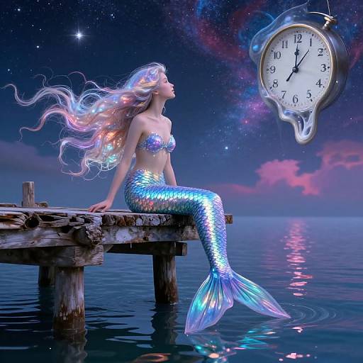 Digital art: Silver mermaid with flowing hair sits on wooden dock, gazing at floating clock against starry, cosmic night sky.