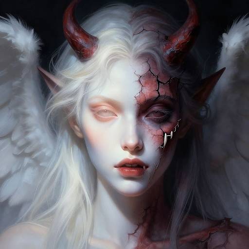 Digital painting of a pale, white-haired demon with red horns, cracked skin, white wings, and glowing eyes against a dark background.