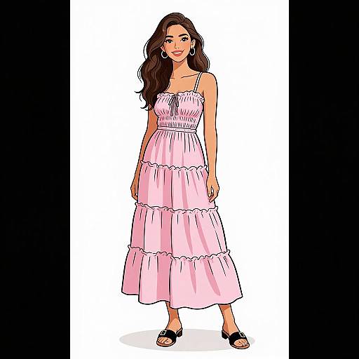 Digital illustration of a smiling woman with long brown hair, wearing a pink, layered, sleeveless dress and black sandals, standing against a white background.