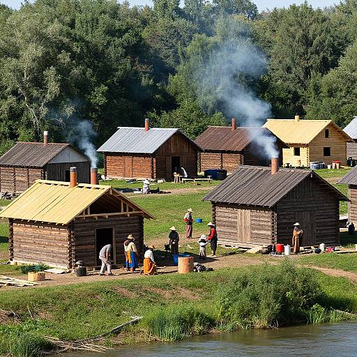 Photograph of rustic wooden cabins with yellow and brown roofs, smoke rising from chimneys, people in colorful clothes, near a grassy riverbank,