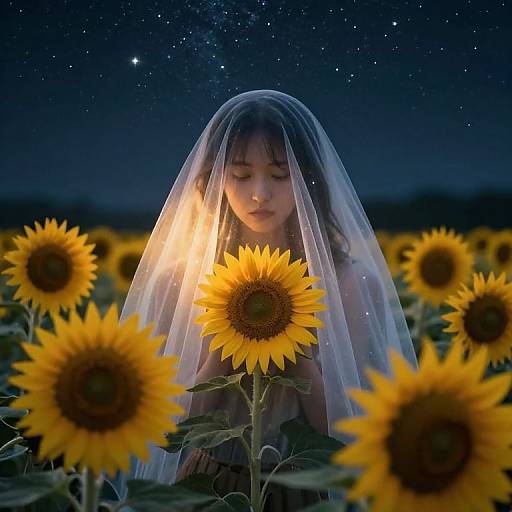 Photograph of a young girl with a translucent veil, surrounded by sunflowers under a starry night sky, gently looking at a central sunflower.