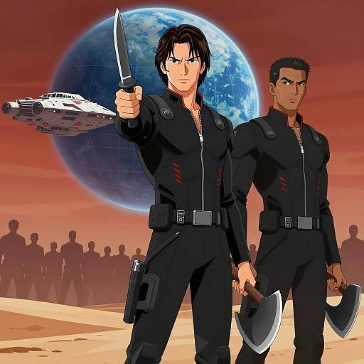 Two Futuristic Men in Black Suits with Weapons