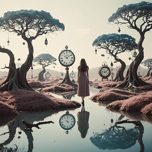 Surreal Landscape with Floating Clocks and Woman