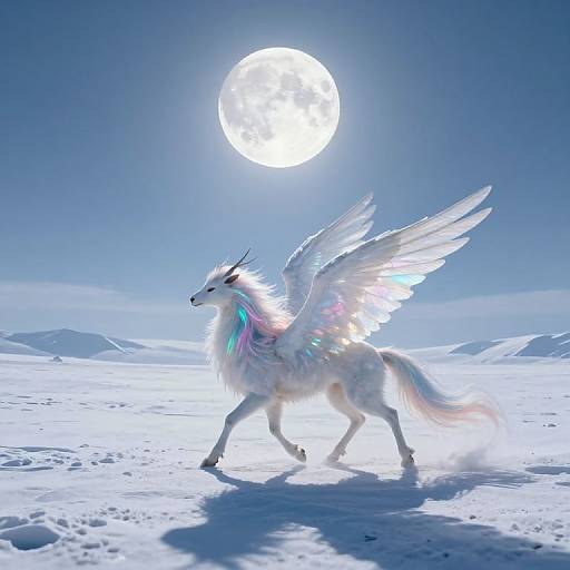 Digital artwork of a radiant white winged unicorn with iridescent mane, galloping across a snowy landscape under a bright full moon.