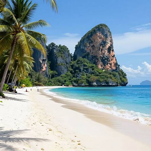 Photograph of a tropical beach with white sand, clear blue water, lush green cliffs, and tall palm trees under a bright blue sky.