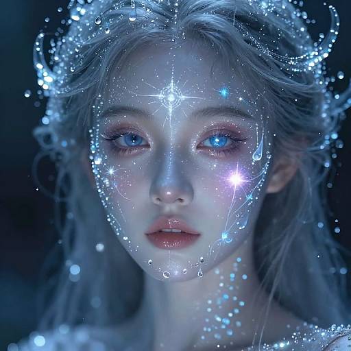 Digital portrait of a pale-skinned, blue-eyed woman with glowing water droplets and star-like lights on her face, surrounded by a dark blue background