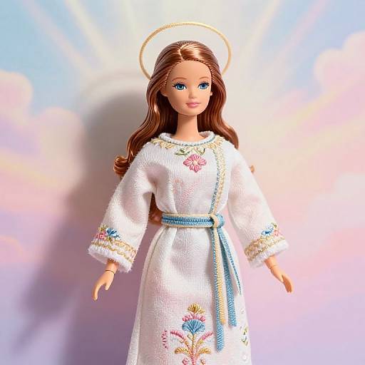 Photograph of a blonde, blue-eyed doll with a halo, wearing a white embroidered dress with floral patterns and a blue belt.