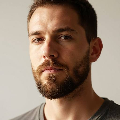 Photograph of a bearded man with short brown hair, wearing a gray shirt, looking slightly to the left, against a white background.