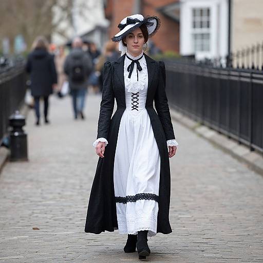 Photograph of a Victorian-style woman in black coat, white dress with lace, black hat, standing on cobblestone street, blurred background.