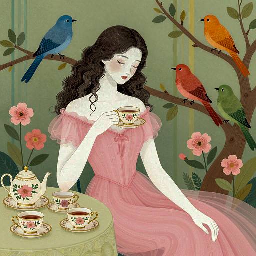 Whimsical Woman with Tea and Birds